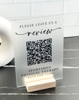 Acrylic leave a review sign with wood base
