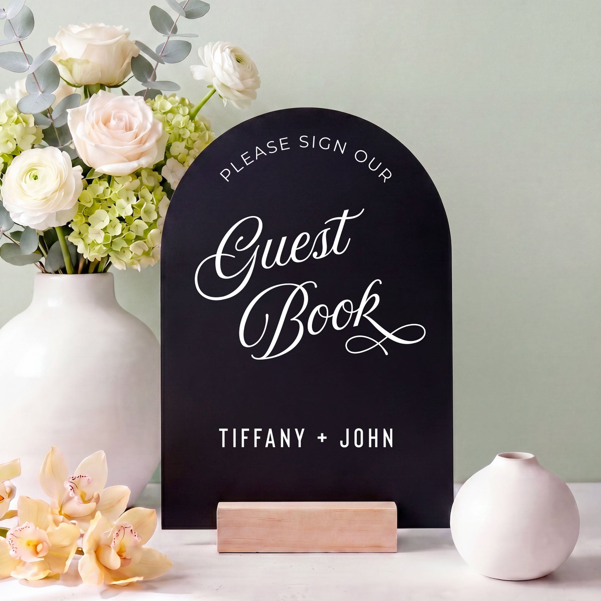 Wedding Guest Book Sign Acrylic Table Reception Display Modern Arch Design Registry Table Direction Piece Memory Station Marker Premium Quality Material Wood Stand Base Contemporary Celebration Signage Ceremony Essential Elegant Script Font Style