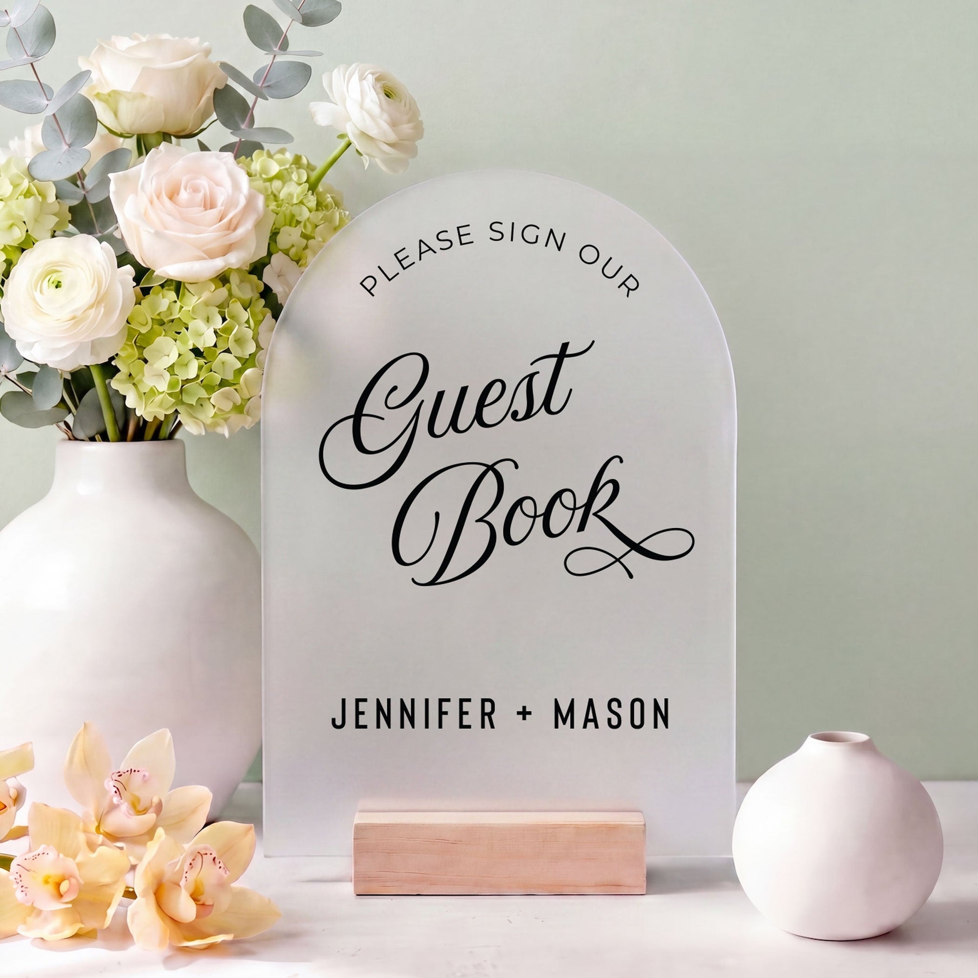 Table Reception Sign Guest Book Display Acrylic Arch Design Modern Registry Table Direction Piece Memory Station Marker Premium Quality Material Wood Stand Base Celebration Signage Contemporary Style Elegant Script Font Ceremony Essential