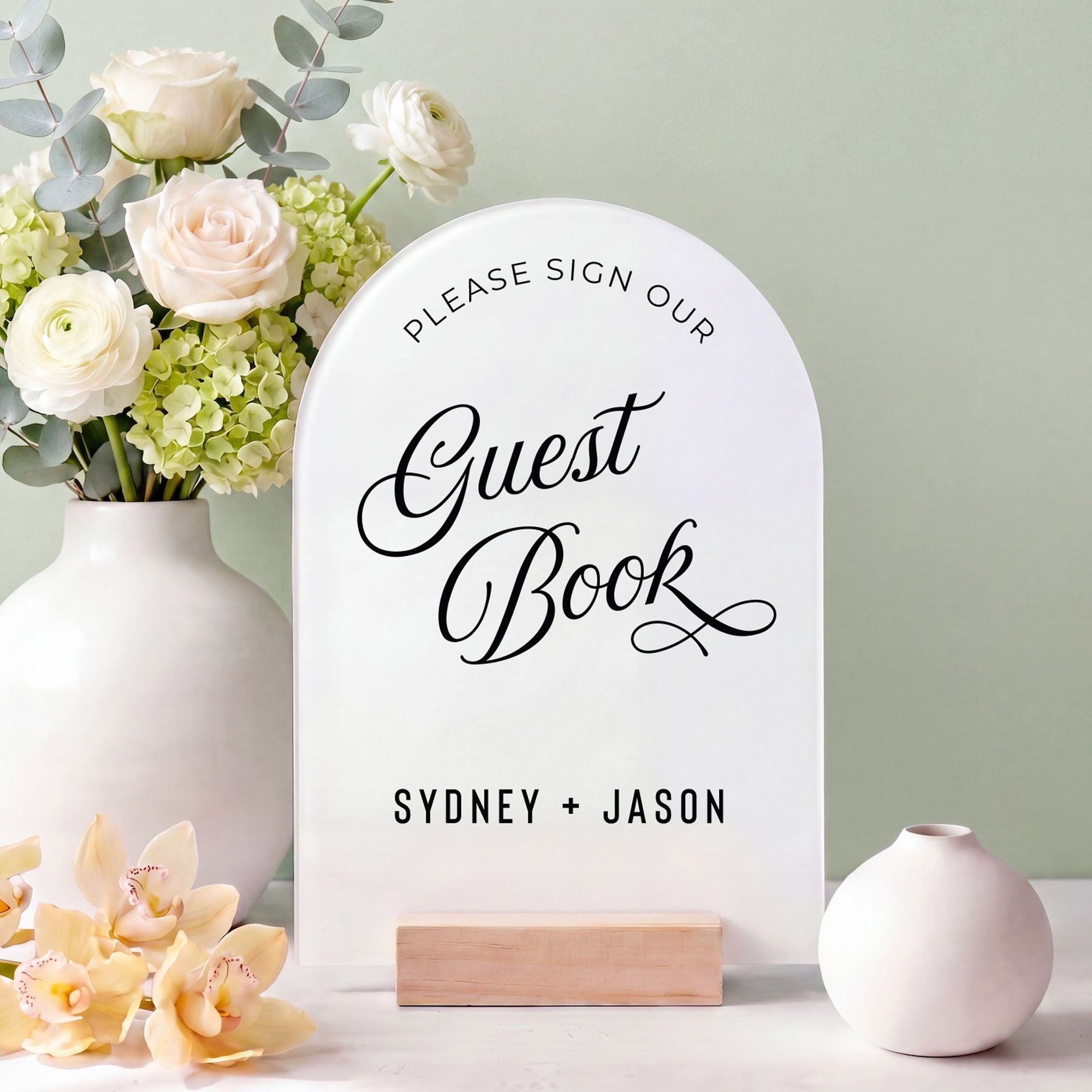Modern Event Signage Guest Book Sign Acrylic Table Reception Display Arch Design Contemporary Celebration Piece Registry Table Direction Marker Memory Station Premium Quality Material Wood Stand Base Elegant Script Font Style Ceremony