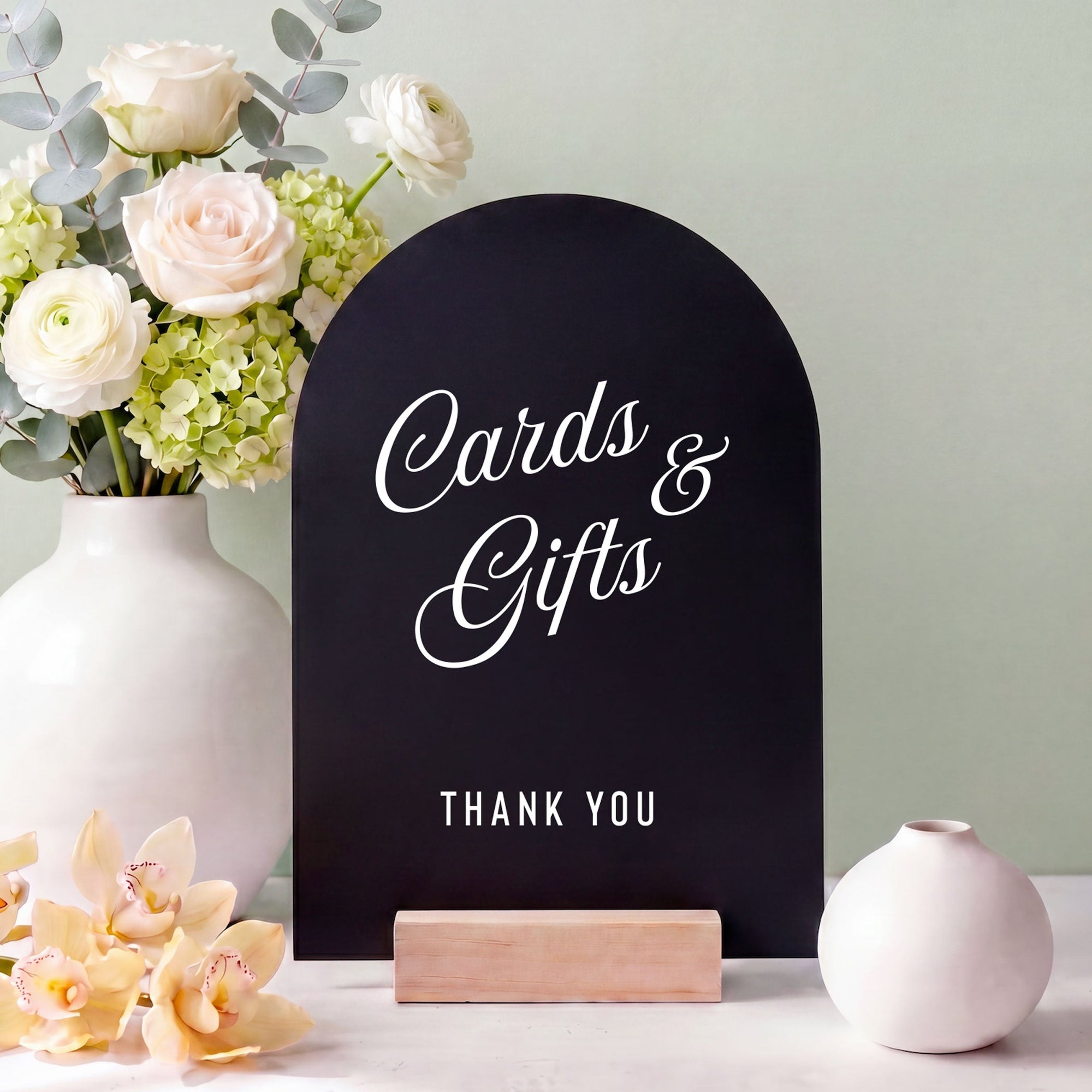 Acrylic Wedding Sign Premium Quality Material Modern Cards and Gifts Table Display Reception Arch Design Wood Stand Base Card Table Direction Marker Gift Station Signage Contemporary Celebration Piece Elegant Script Font Style Ceremony Essential