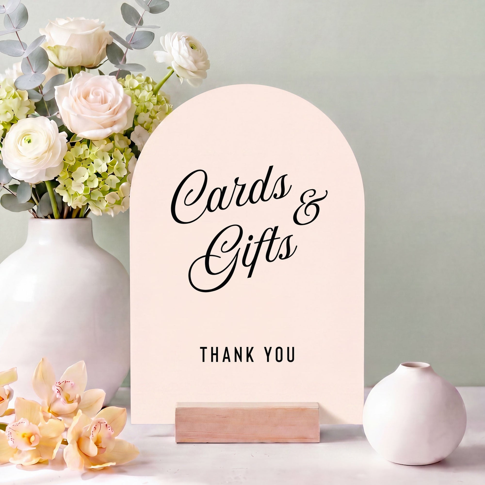 Table Reception Sign Cards and Gifts Display Acrylic Arch Design Modern Card Table Direction Piece Gift Station Marker Premium Quality Material Wood Stand Base Celebration Signage Contemporary Style Elegant Script Font Ceremony Essential