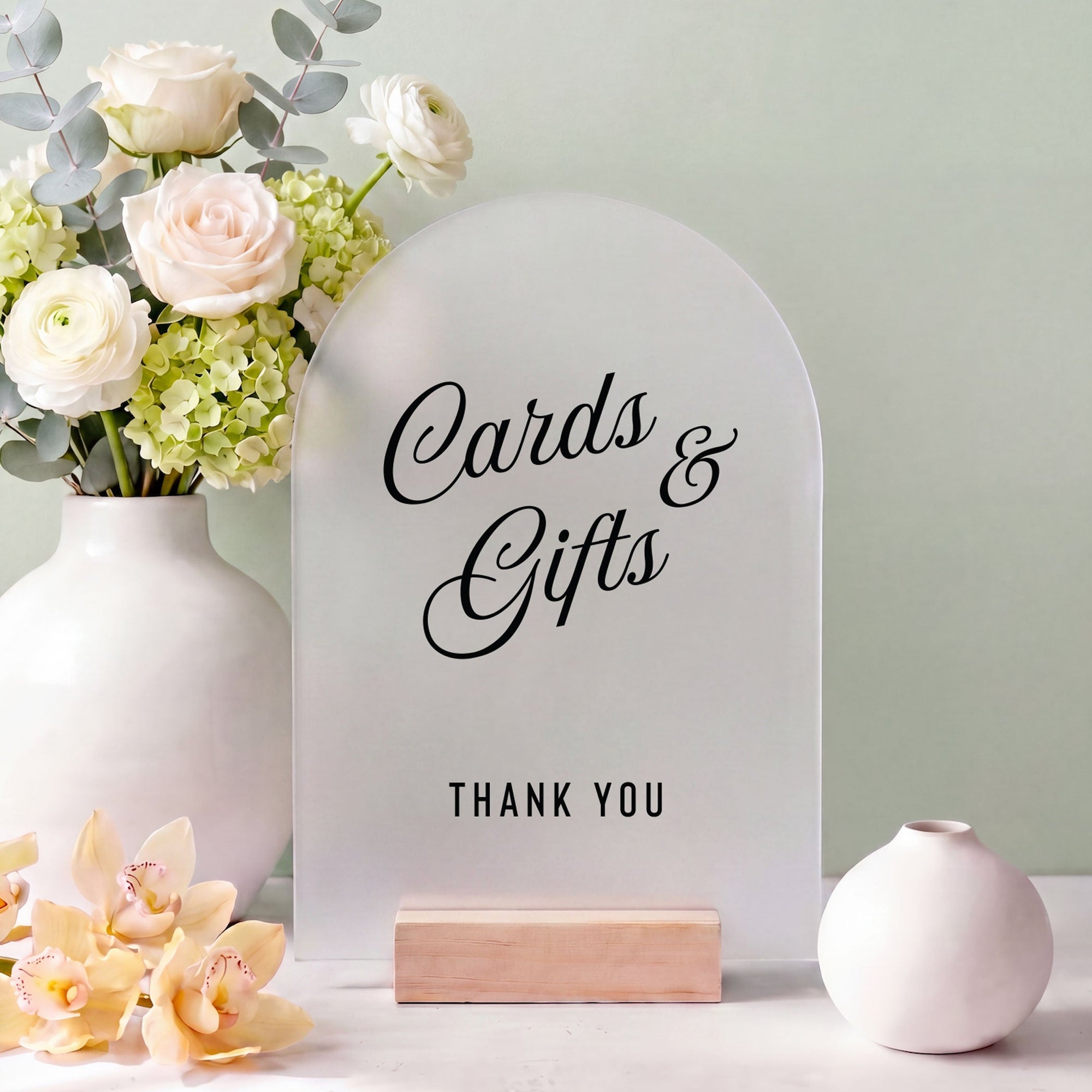 Modern Event Signage Cards and Gifts Sign Acrylic Table Reception Display Arch Design Contemporary Celebration Piece Card Table Direction Marker Gift Station Premium Quality Material Wood Stand Base Elegant Script Font Style Ceremony