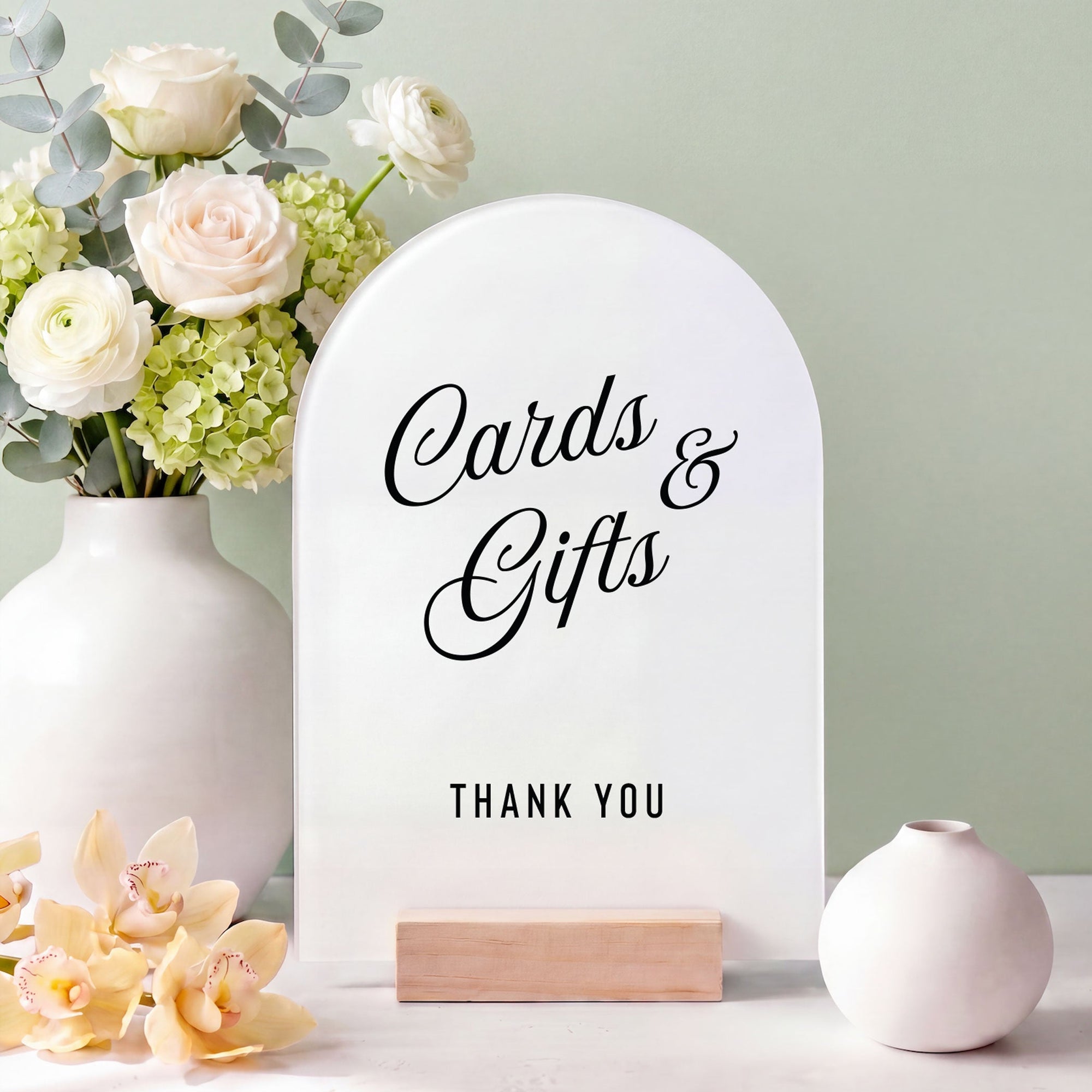 Modern Event Signage Cards and Gifts Sign Acrylic Table Reception Display Arch Design Contemporary Celebration Piece Card Table Direction Marker Gift Station Premium Quality Material Wood Stand Base Elegant Script Font Style Ceremony